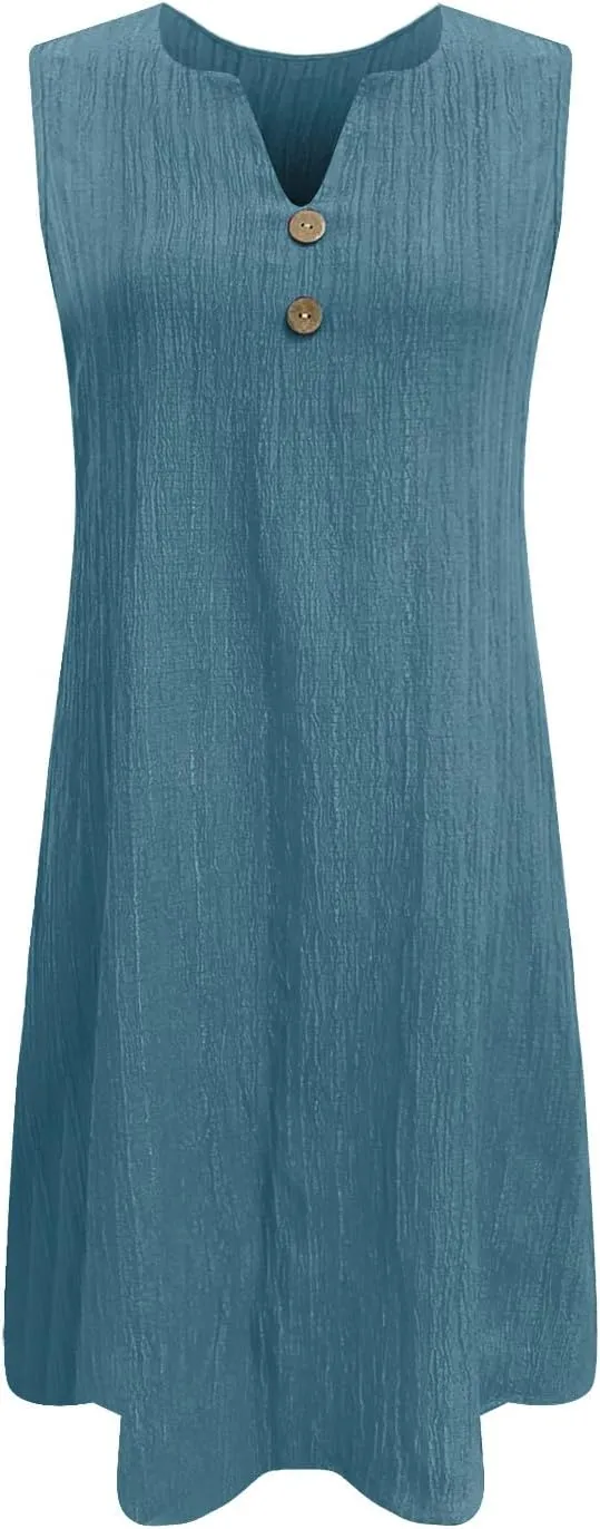 Borniu Elegant Solid Color Swing Summer Dresses for Women 2025 Beach Loose Casual A Line Dress Sleeveless V-Neck Sundress