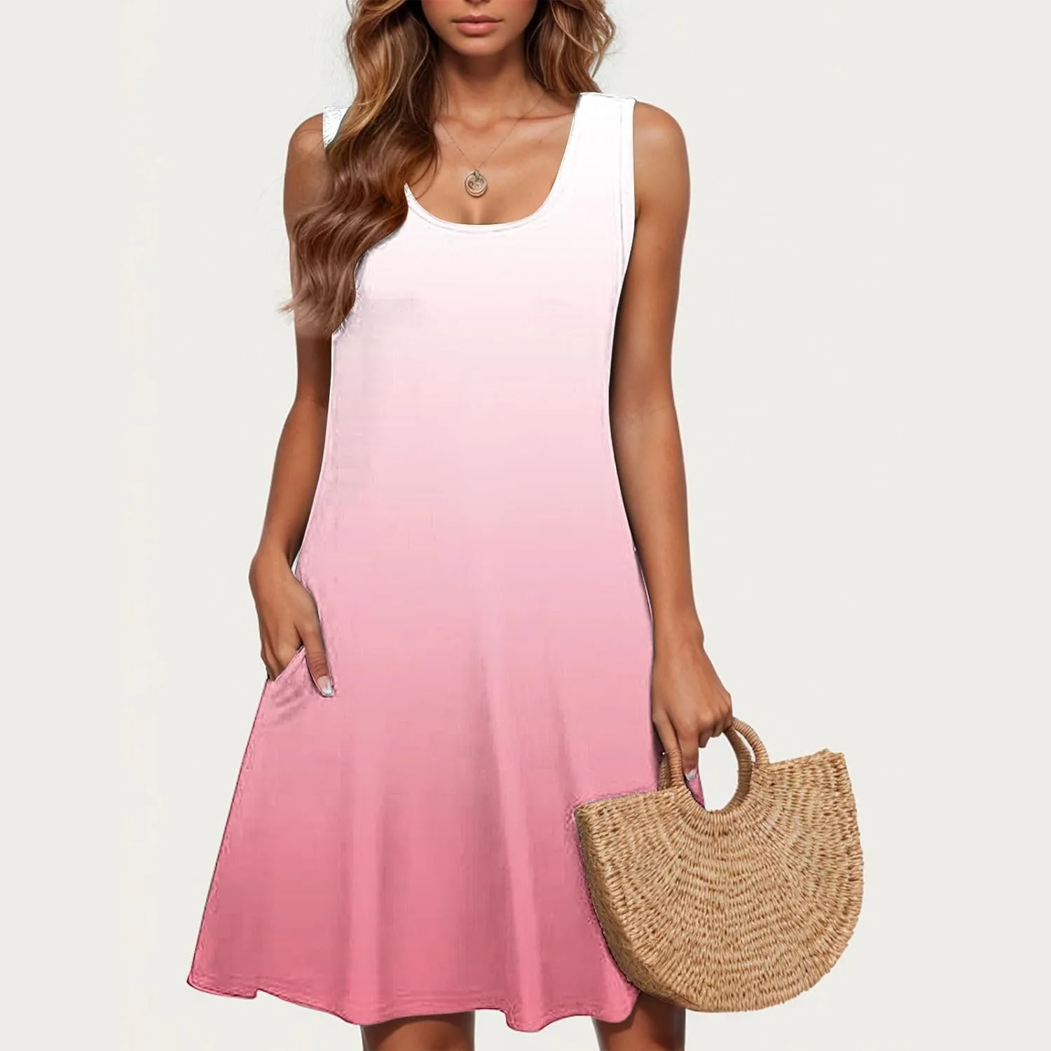 Borniu Womens Summer Casual Tank Dress Sleeveless Scoop Neck T Shirt Sundress Flowy Gradient Swing Beach Vacation Dresses
