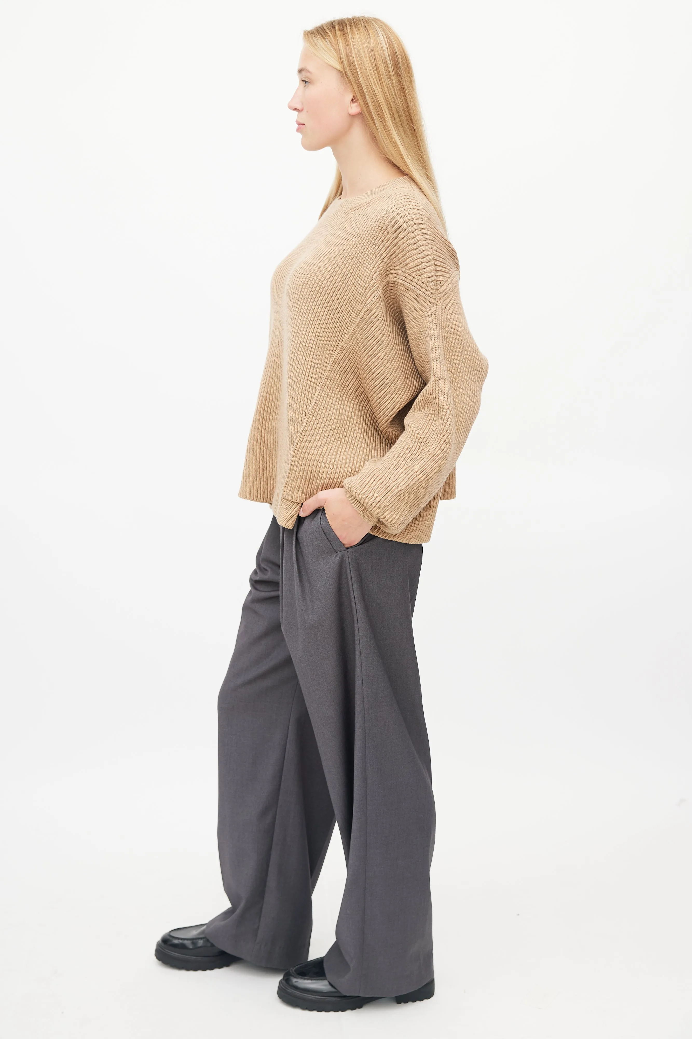 Brown Wool Ribbed Knit Sweater