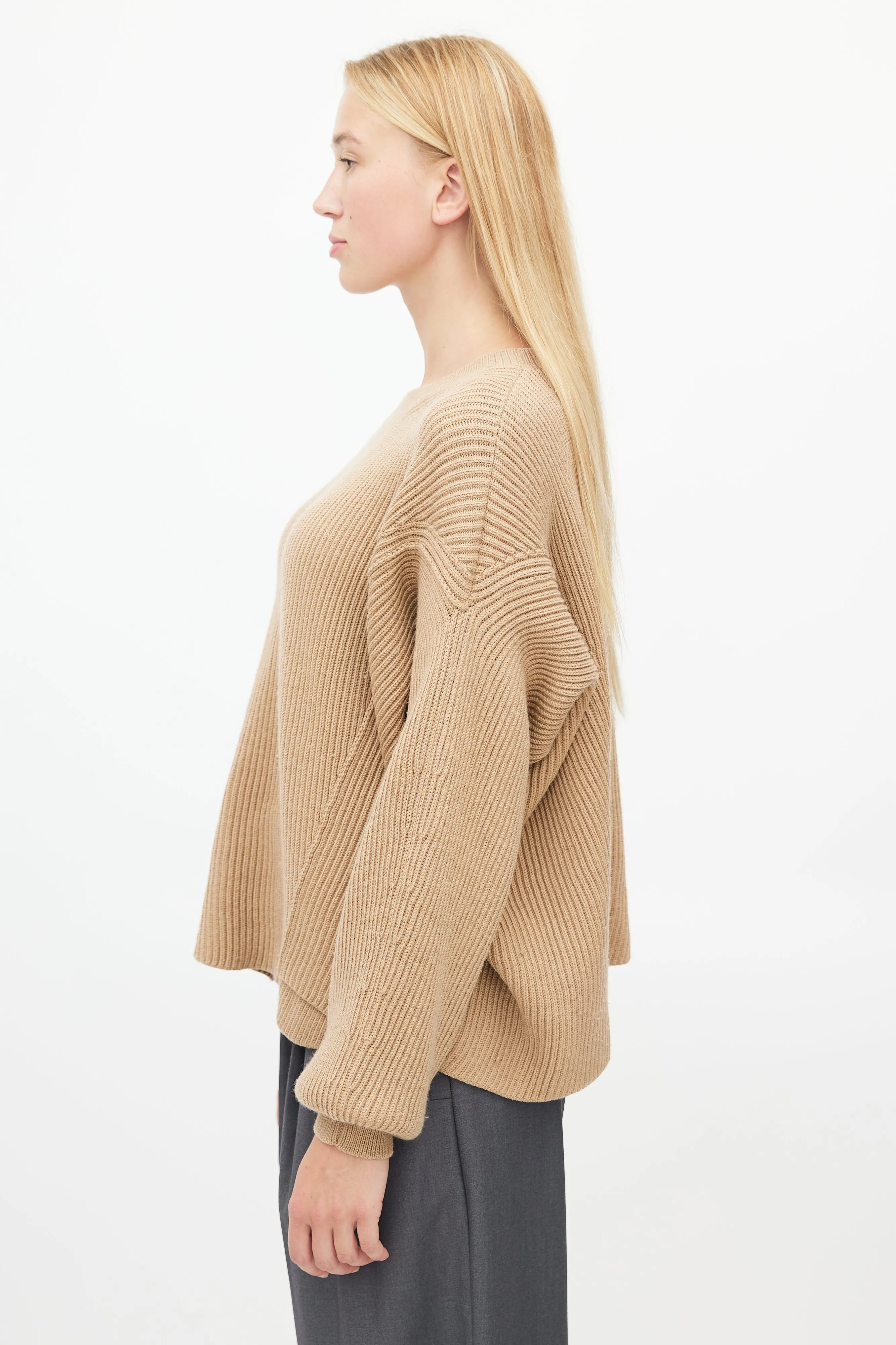Brown Wool Ribbed Knit Sweater