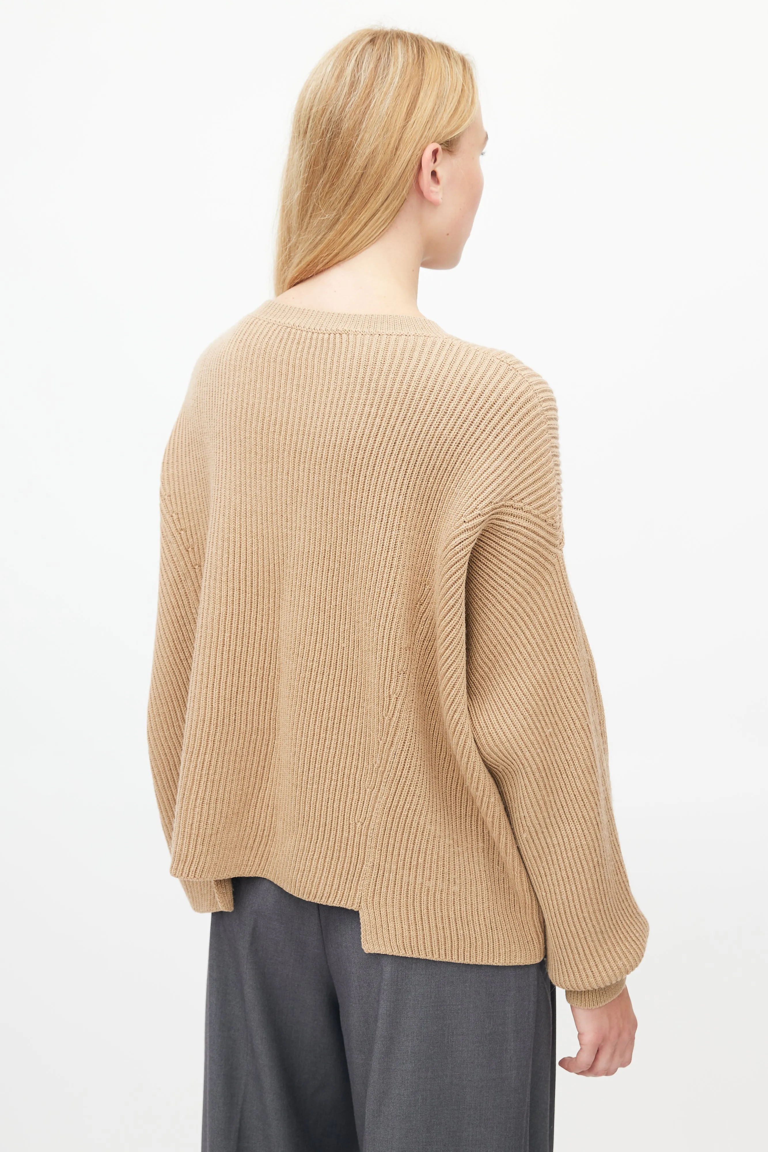Brown Wool Ribbed Knit Sweater