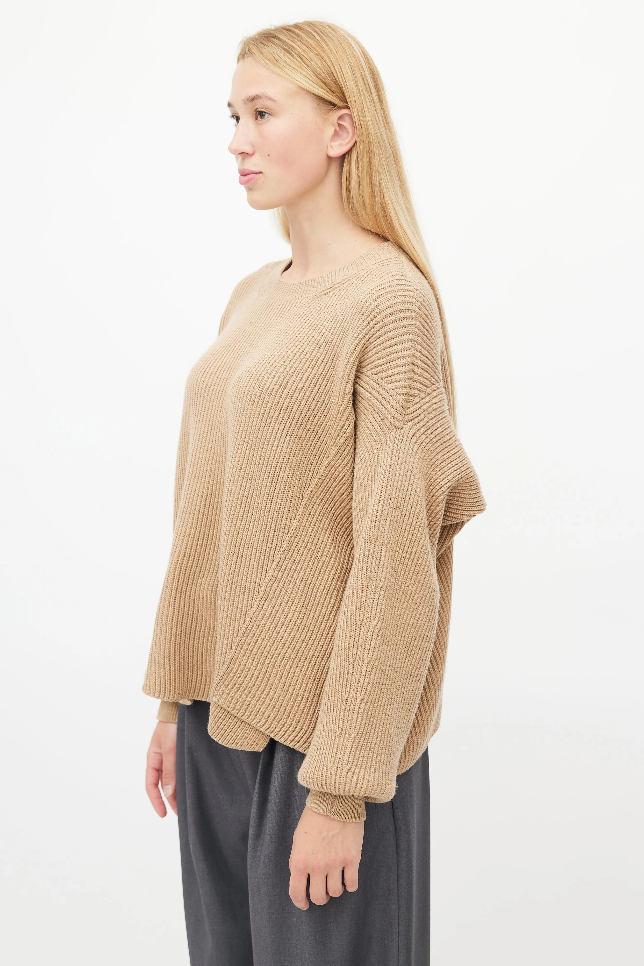 Brown Wool Ribbed Knit Sweater