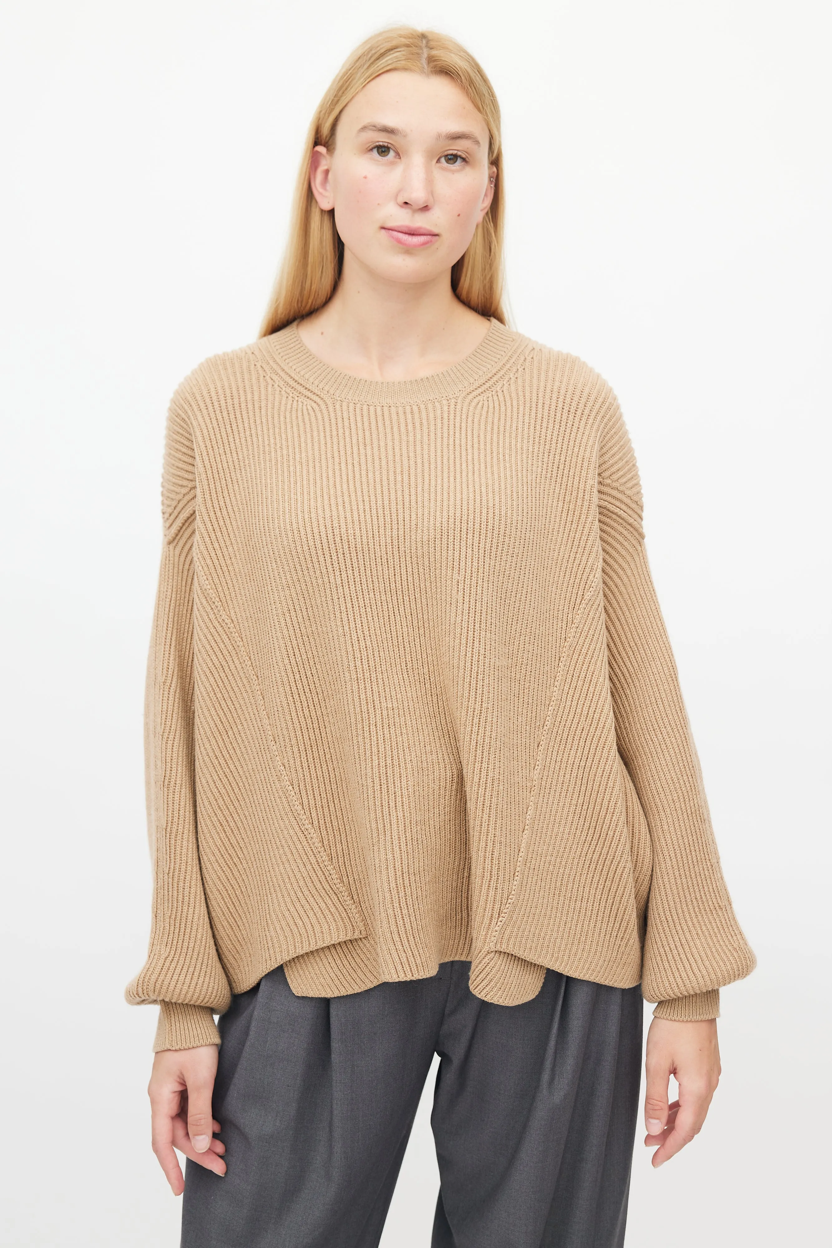 Brown Wool Ribbed Knit Sweater