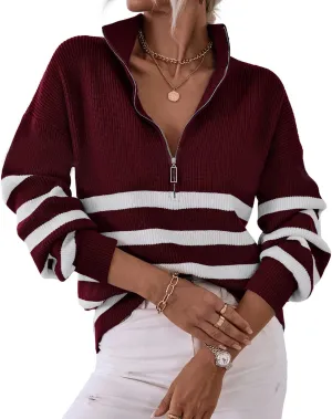 BTFBM Women 2025 Casual Long Sleeve Zip Striped Pullover Sweaters V Neck Collar Ribbed Knit Fall Winter Slouchy Jumpers