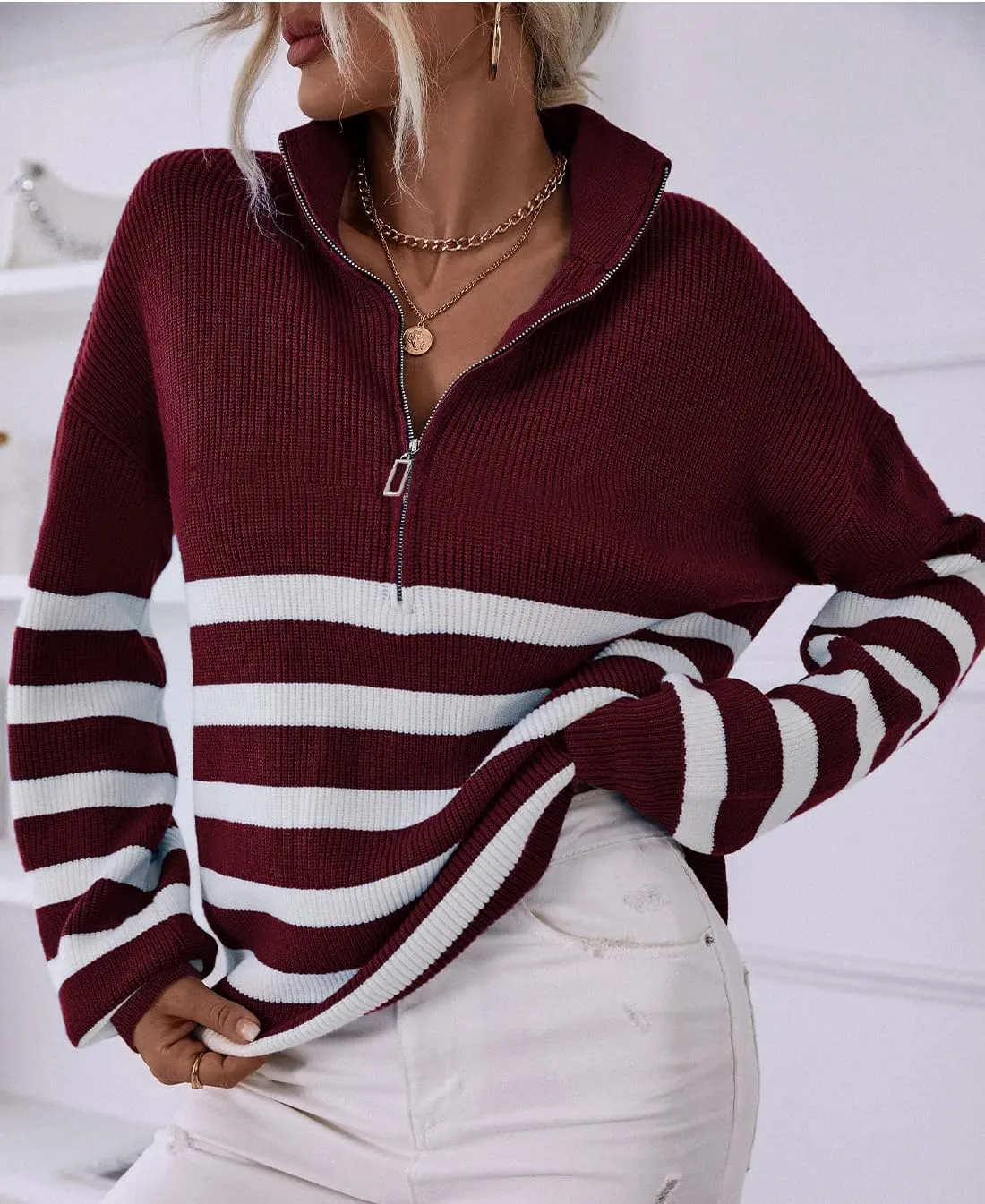 BTFBM Women 2025 Casual Long Sleeve Zip Striped Pullover Sweaters V Neck Collar Ribbed Knit Fall Winter Slouchy Jumpers