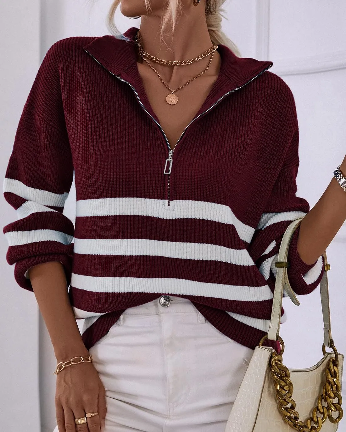 BTFBM Women 2025 Casual Long Sleeve Zip Striped Pullover Sweaters V Neck Collar Ribbed Knit Fall Winter Slouchy Jumpers