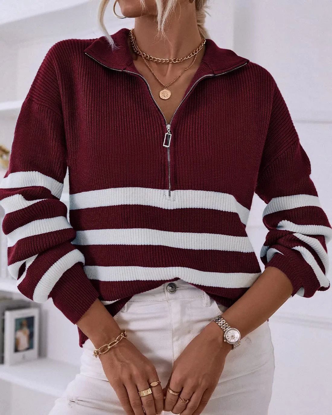 BTFBM Women 2025 Casual Long Sleeve Zip Striped Pullover Sweaters V Neck Collar Ribbed Knit Fall Winter Slouchy Jumpers