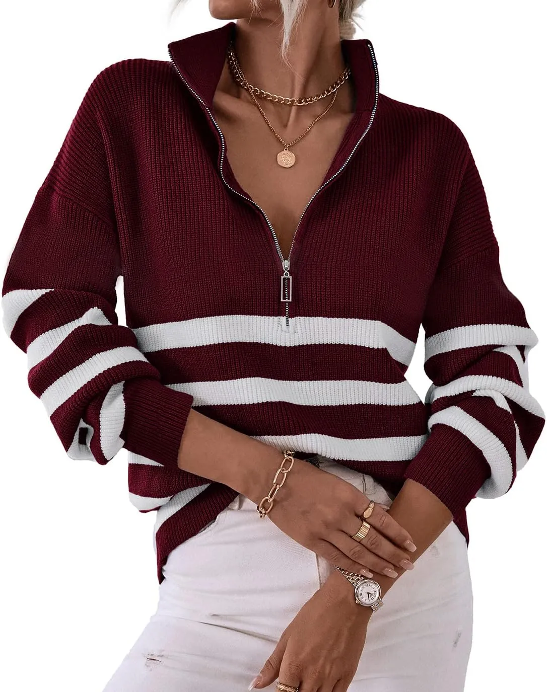 BTFBM Women 2025 Casual Long Sleeve Zip Striped Pullover Sweaters V Neck Collar Ribbed Knit Fall Winter Slouchy Jumpers