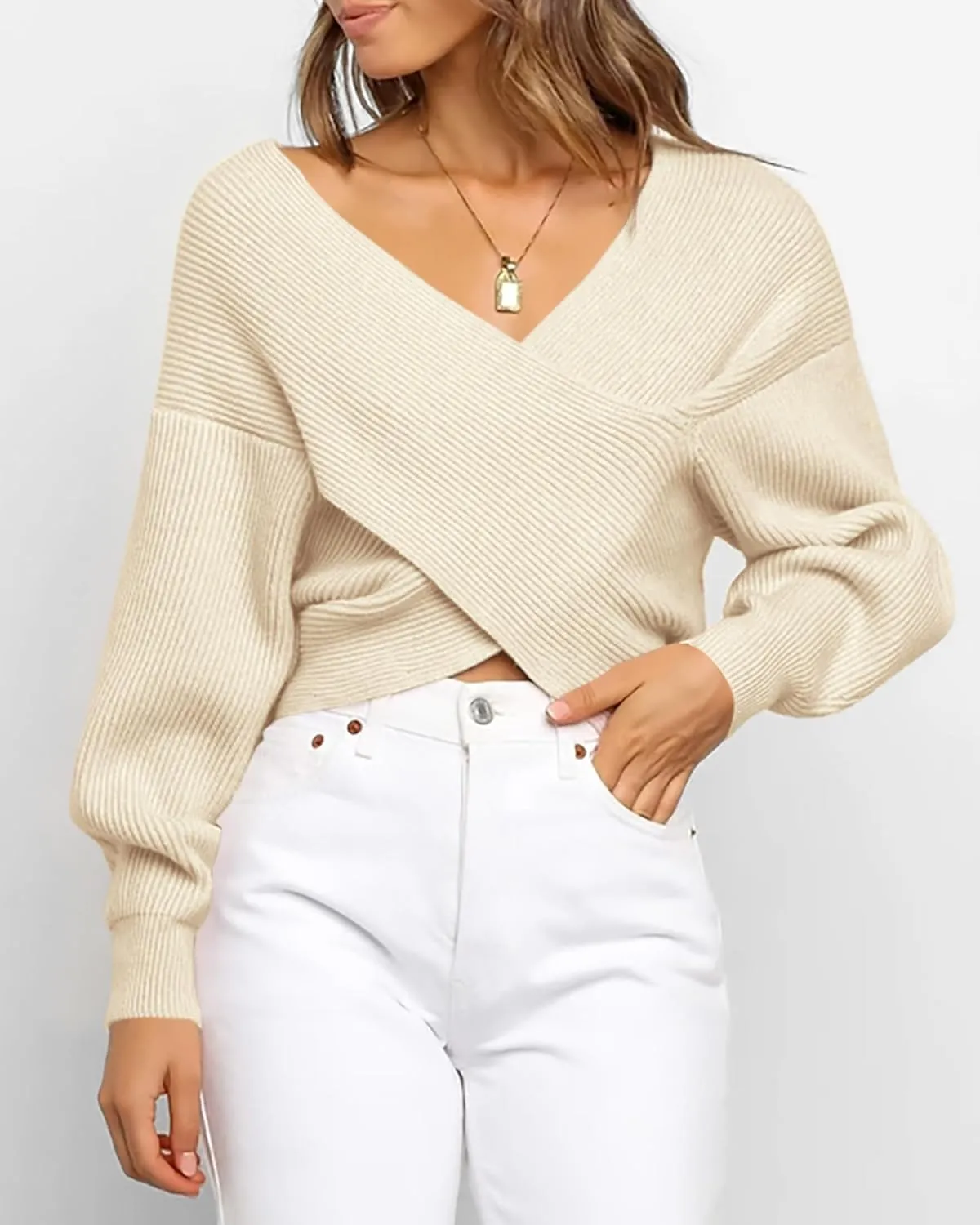 BTFBM Women Casual V Neck Long Sleeve Sweaters Cross Wrap Front Off Shoulder Asymmetric Hem Knitted Crop Solid Pullover