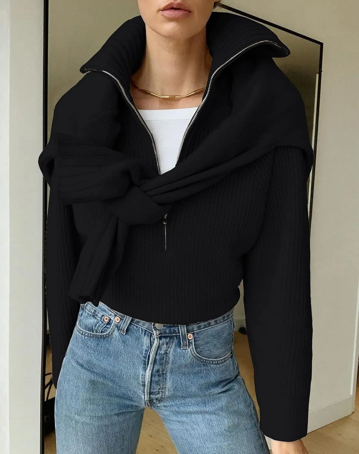 BTFBM Womens Casual Long Sleeve Half Zip Pullover Sweaters Solid V Neck Collar Ribbed Knitted Loose Slouchy Jumper Tops