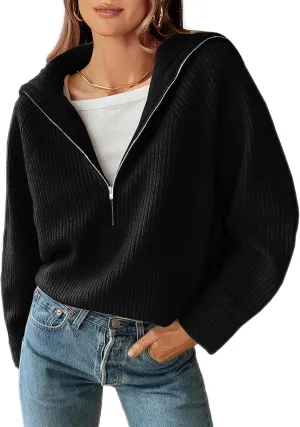 BTFBM Womens Casual Long Sleeve Half Zip Pullover Sweaters Solid V Neck Collar Ribbed Knitted Loose Slouchy Jumper Tops