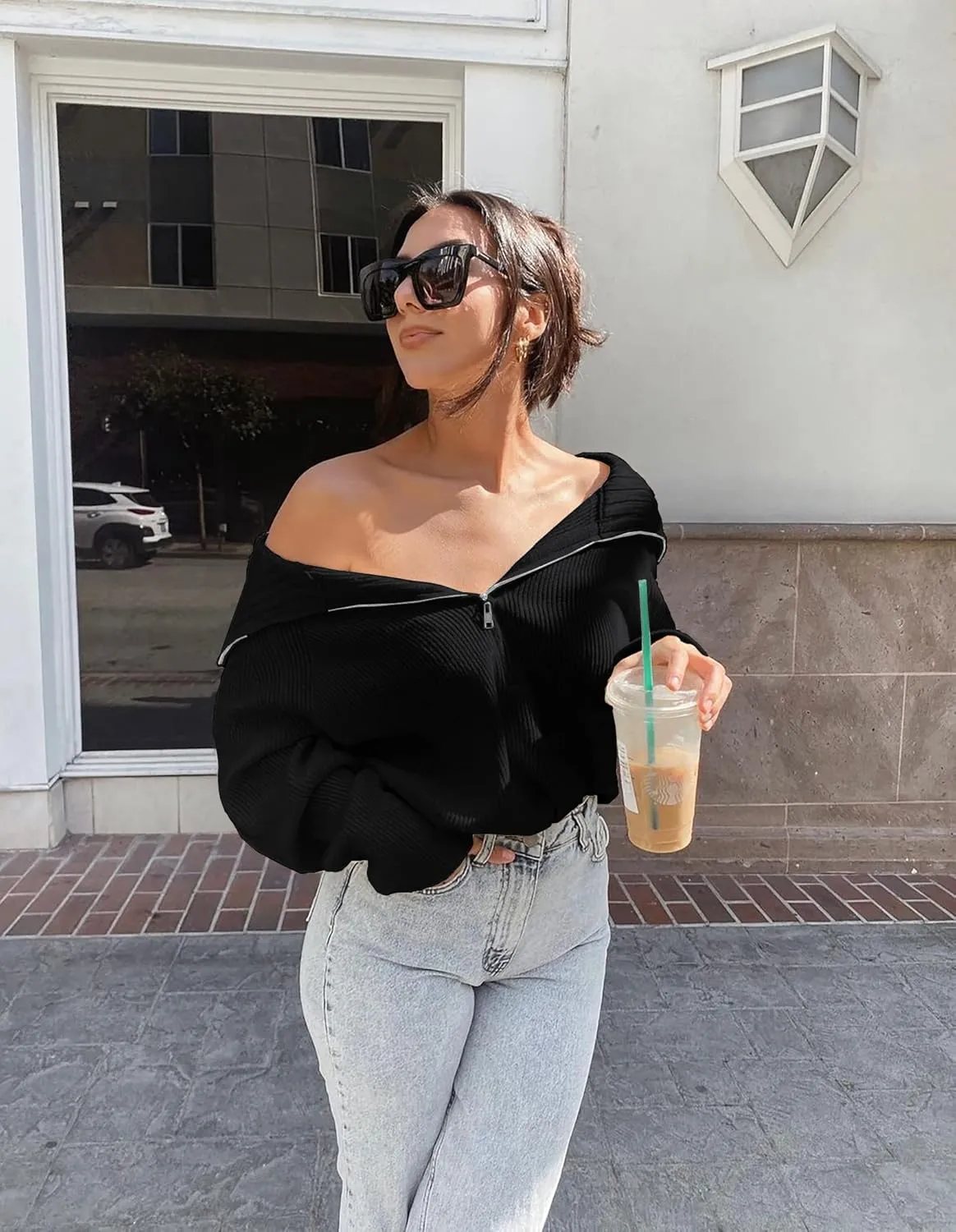 BTFBM Womens Casual Long Sleeve Half Zip Pullover Sweaters Solid V Neck Collar Ribbed Knitted Loose Slouchy Jumper Tops
