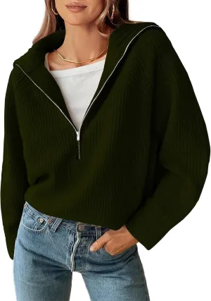 BTFBM Womens Casual Long Sleeve Half Zip Pullover Sweaters Solid V Neck Collar Ribbed Knitted Loose Slouchy Jumper Tops