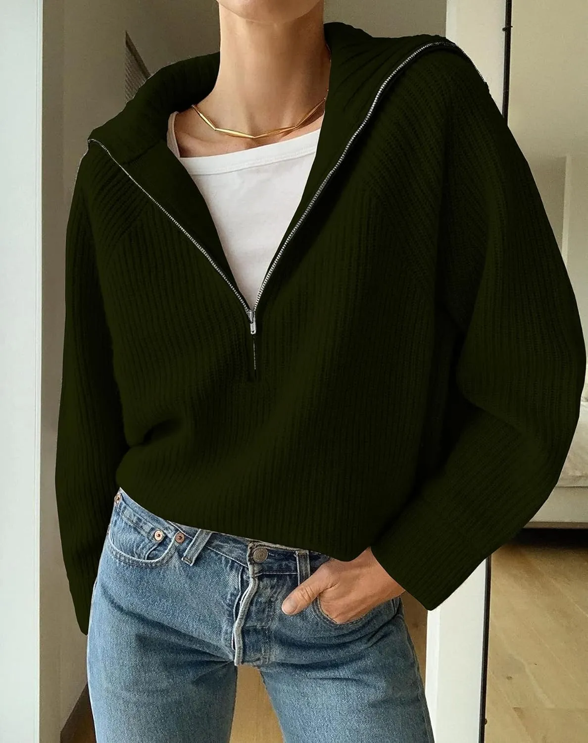 BTFBM Womens Casual Long Sleeve Half Zip Pullover Sweaters Solid V Neck Collar Ribbed Knitted Loose Slouchy Jumper Tops