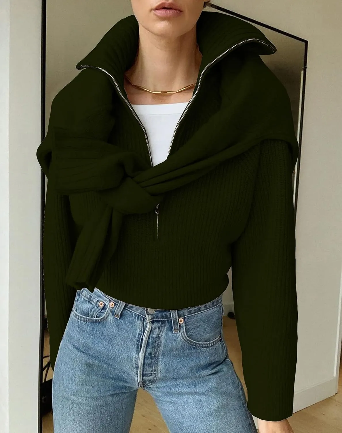 BTFBM Womens Casual Long Sleeve Half Zip Pullover Sweaters Solid V Neck Collar Ribbed Knitted Loose Slouchy Jumper Tops