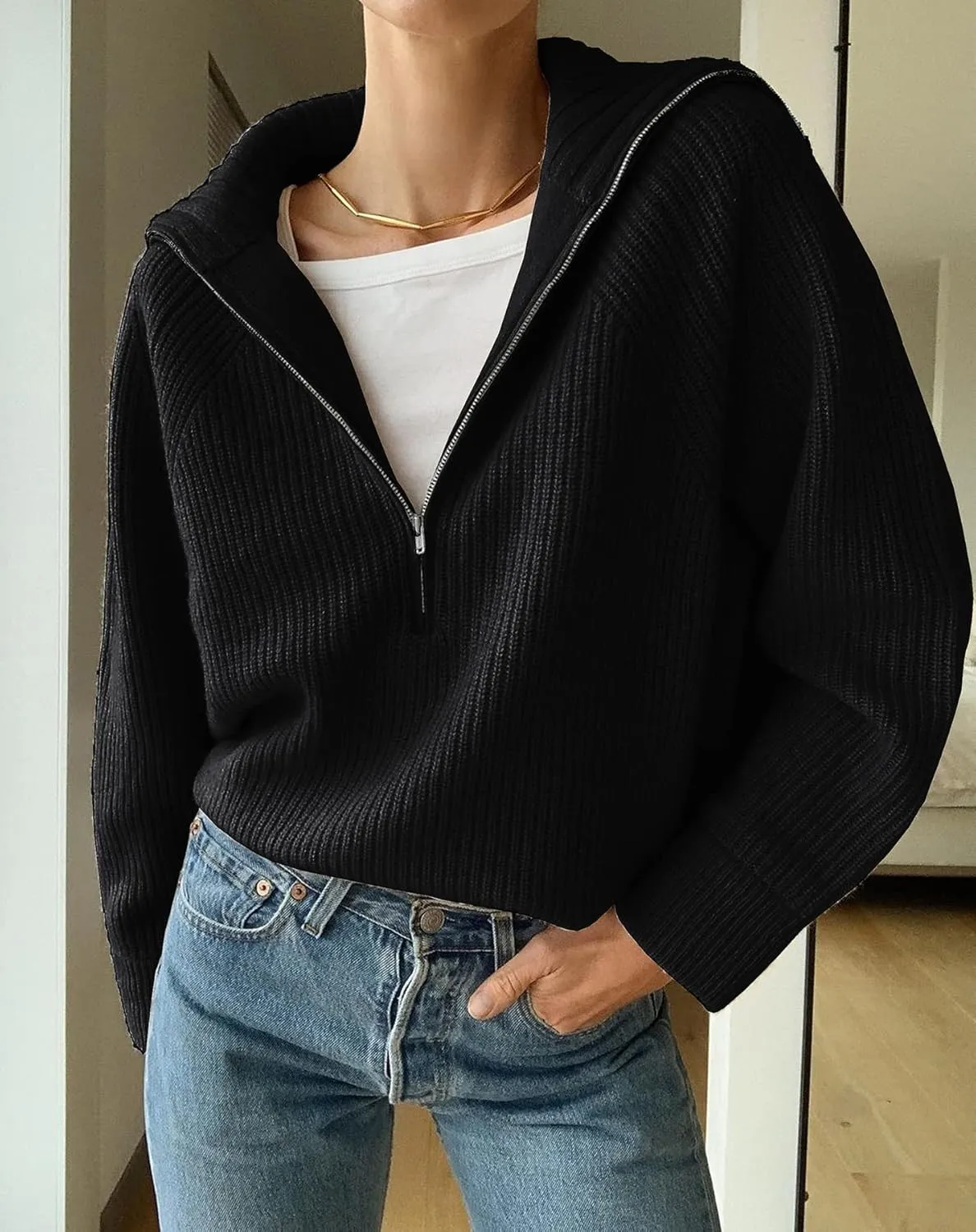 BTFBM Womens Casual Long Sleeve Half Zip Pullover Sweaters Solid V Neck Collar Ribbed Knitted Loose Slouchy Jumper Tops