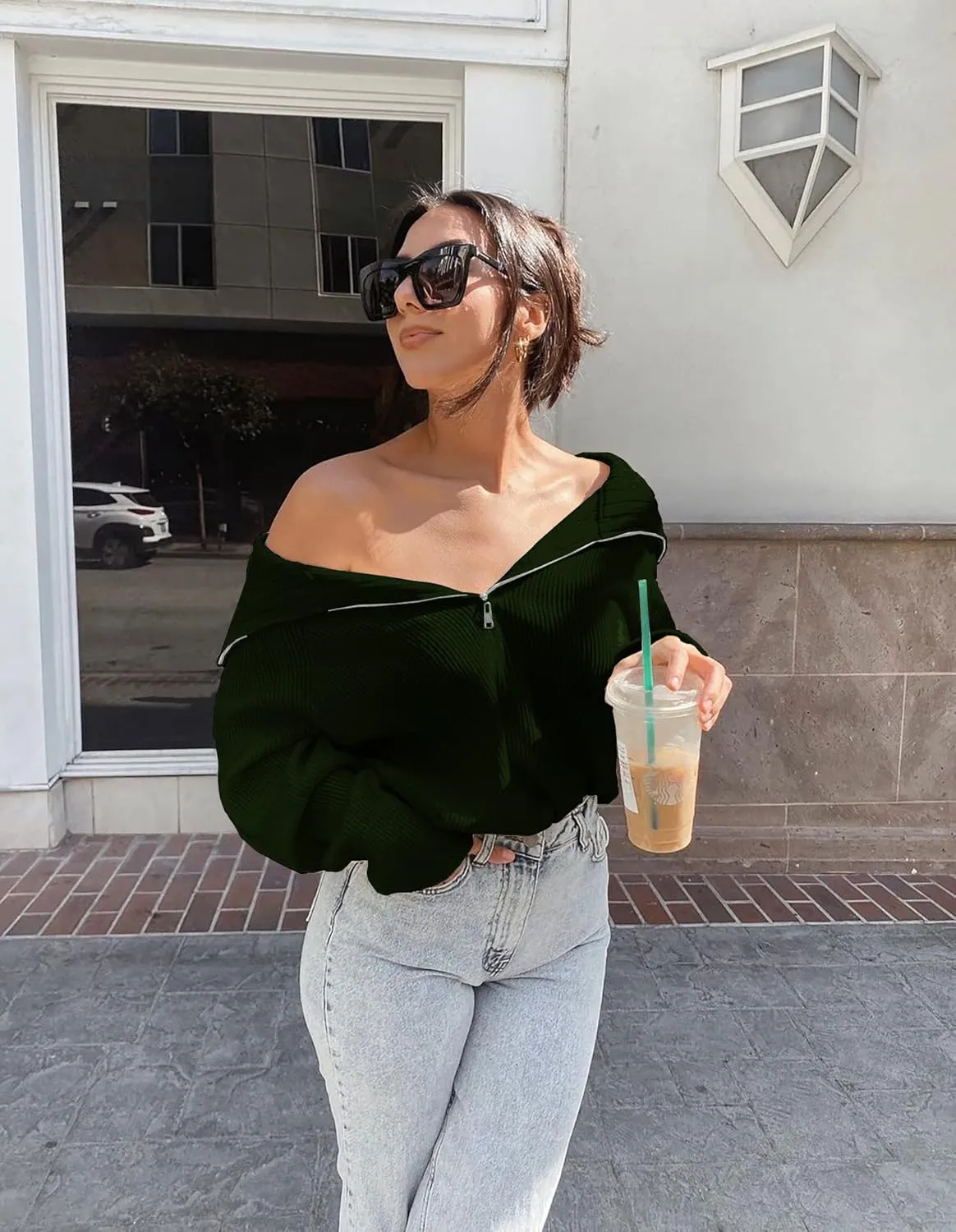 BTFBM Womens Casual Long Sleeve Half Zip Pullover Sweaters Solid V Neck Collar Ribbed Knitted Loose Slouchy Jumper Tops