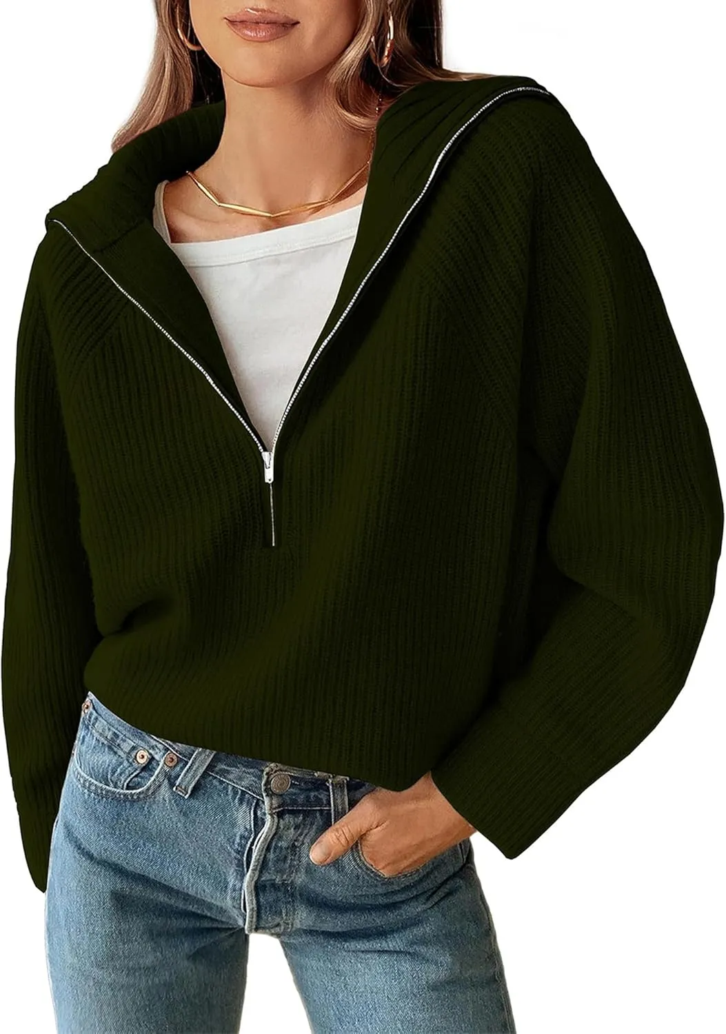BTFBM Womens Casual Long Sleeve Half Zip Pullover Sweaters Solid V Neck Collar Ribbed Knitted Loose Slouchy Jumper Tops