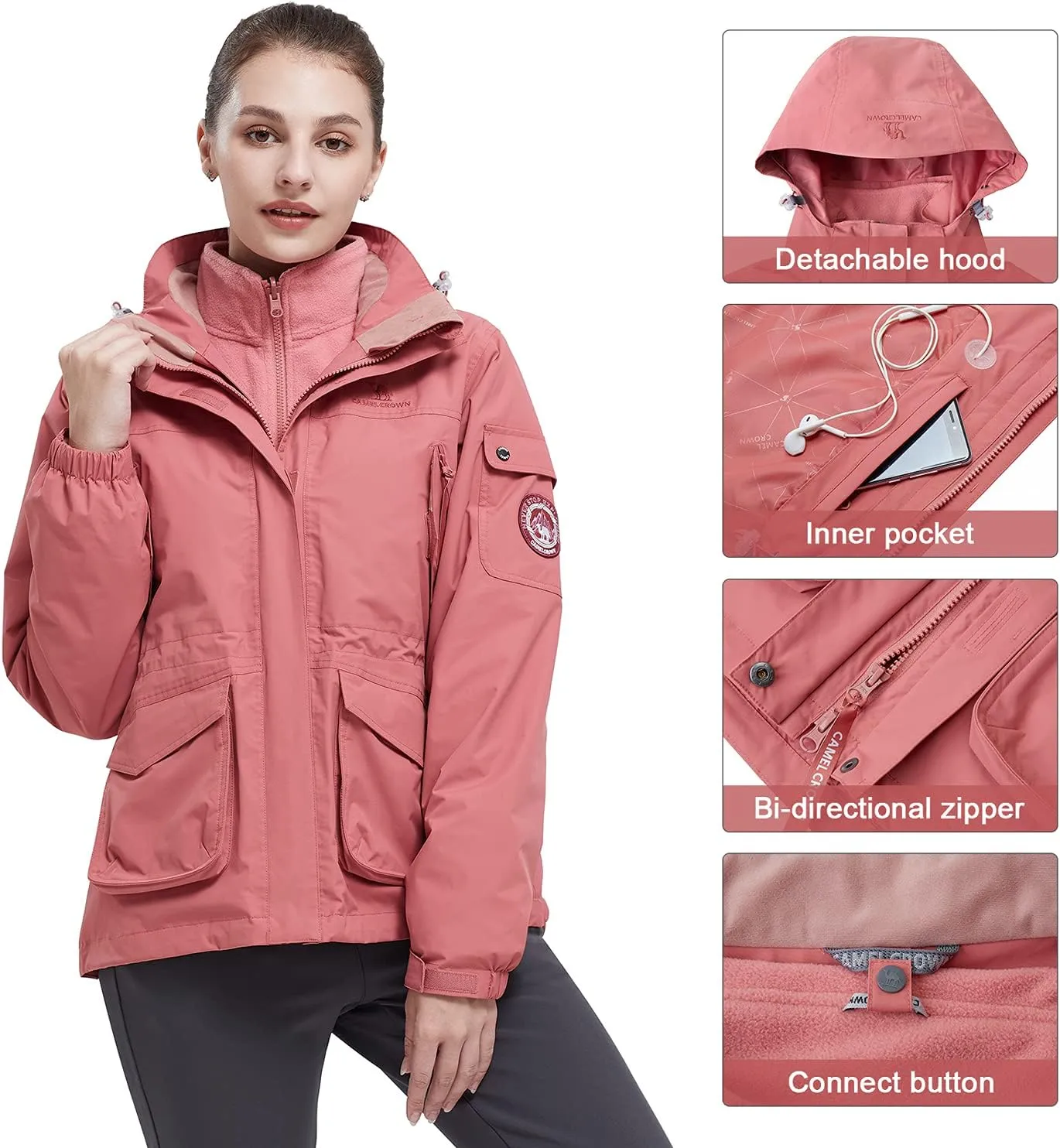 CAMEL CROWN Womens Waterproof Ski Jacket 3-in-1 Windbreaker Winter Coat Fleece Inner for Rain Snow Outdoor Hiking