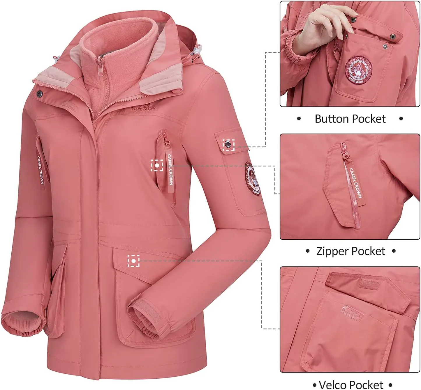 CAMEL CROWN Womens Waterproof Ski Jacket 3-in-1 Windbreaker Winter Coat Fleece Inner for Rain Snow Outdoor Hiking