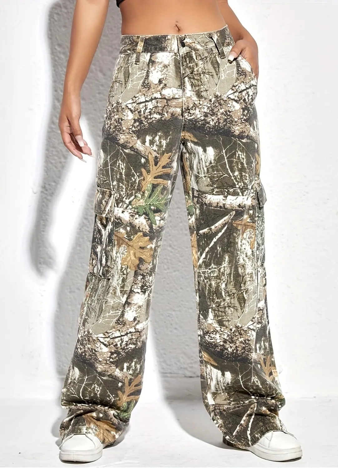 Camo Pants Women High Waist Baggy Wide Leg Camouflage Army Fatigue Jean Trousers Slim Fit Pockets Joggers Sweatpants