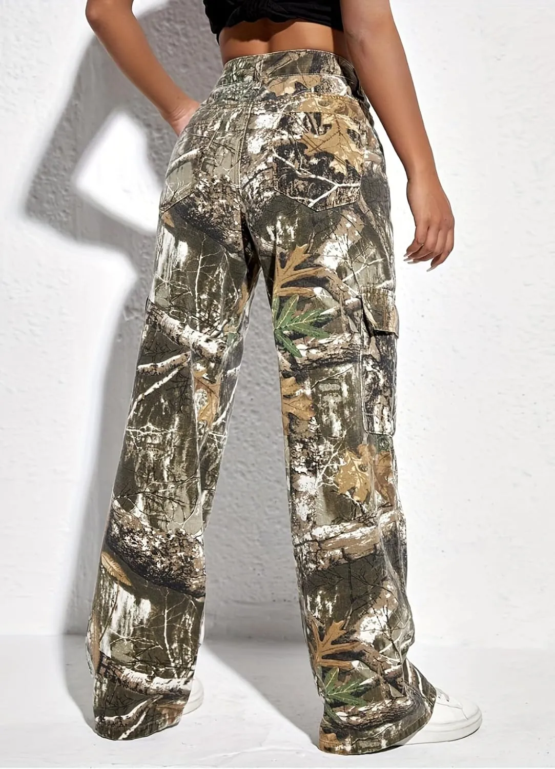 Camo Pants Women High Waist Baggy Wide Leg Camouflage Army Fatigue Jean Trousers Slim Fit Pockets Joggers Sweatpants