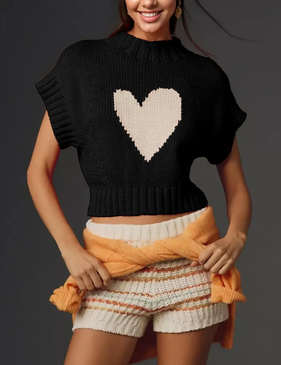 Cap Sleeve Sweater Tank Tops for Women Mock Neck Sweater Vest Cute Heart Knit Cropped Pullover Top