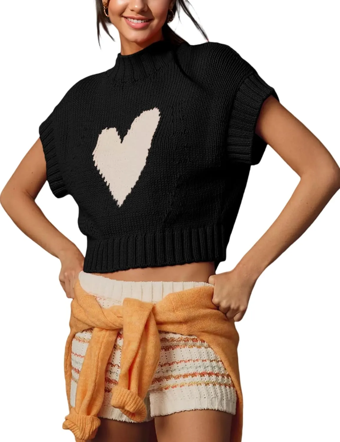 Cap Sleeve Sweater Tank Tops for Women Mock Neck Sweater Vest Cute Heart Knit Cropped Pullover Top