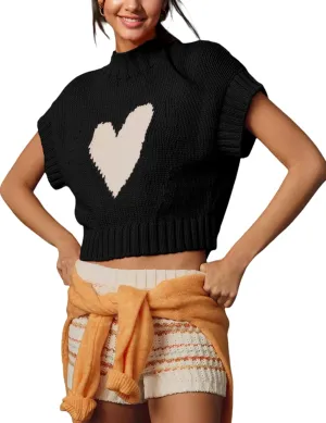 Cap Sleeve Sweater Tank Tops for Women Mock Neck Sweater Vest Cute Heart Knit Cropped Pullover Top