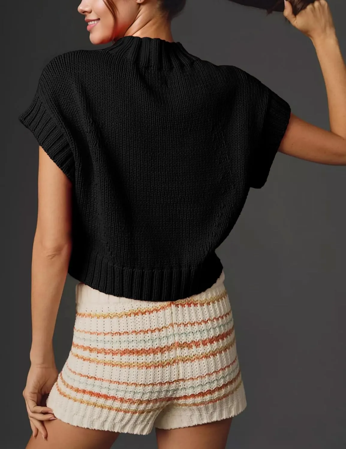 Cap Sleeve Sweater Tank Tops for Women Mock Neck Sweater Vest Cute Heart Knit Cropped Pullover Top