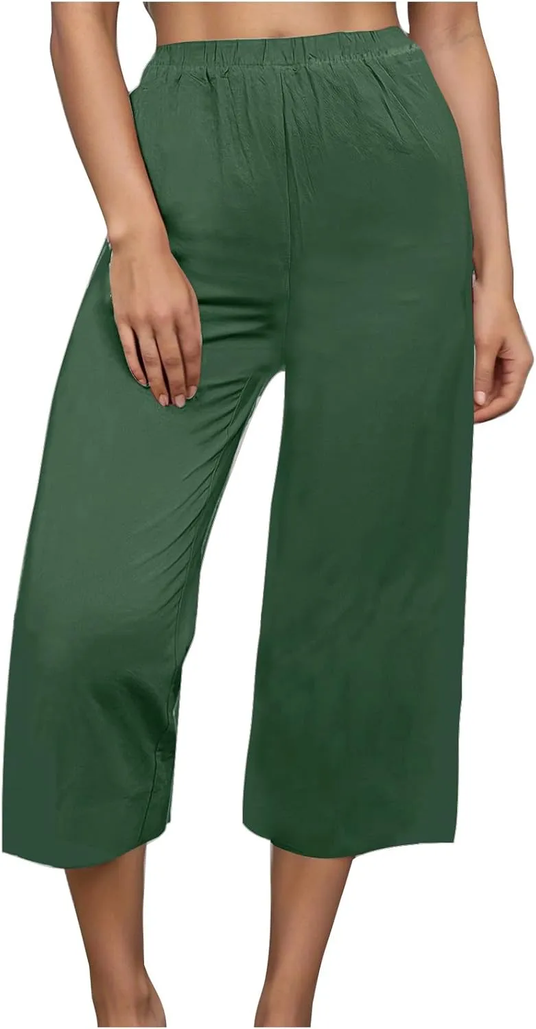 Capri Linen Pants Women Casual Wide Leg Summer Palazzo Pant Elastic High Waisted Flowy Beach Trouser with Pocket 2025