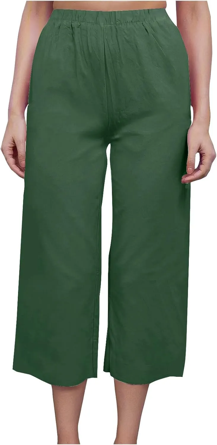 Capri Linen Pants Women Casual Wide Leg Summer Palazzo Pant Elastic High Waisted Flowy Beach Trouser with Pocket 2025