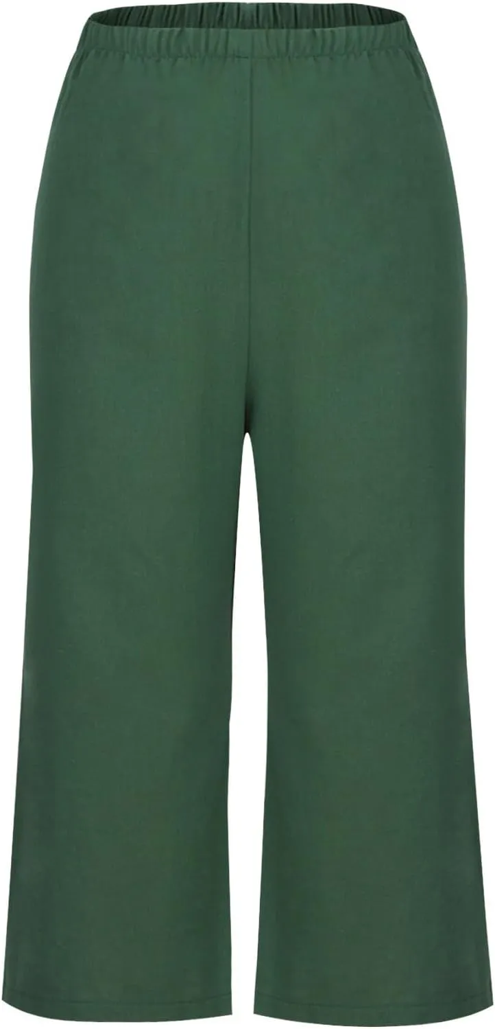 Capri Linen Pants Women Casual Wide Leg Summer Palazzo Pant Elastic High Waisted Flowy Beach Trouser with Pocket 2025