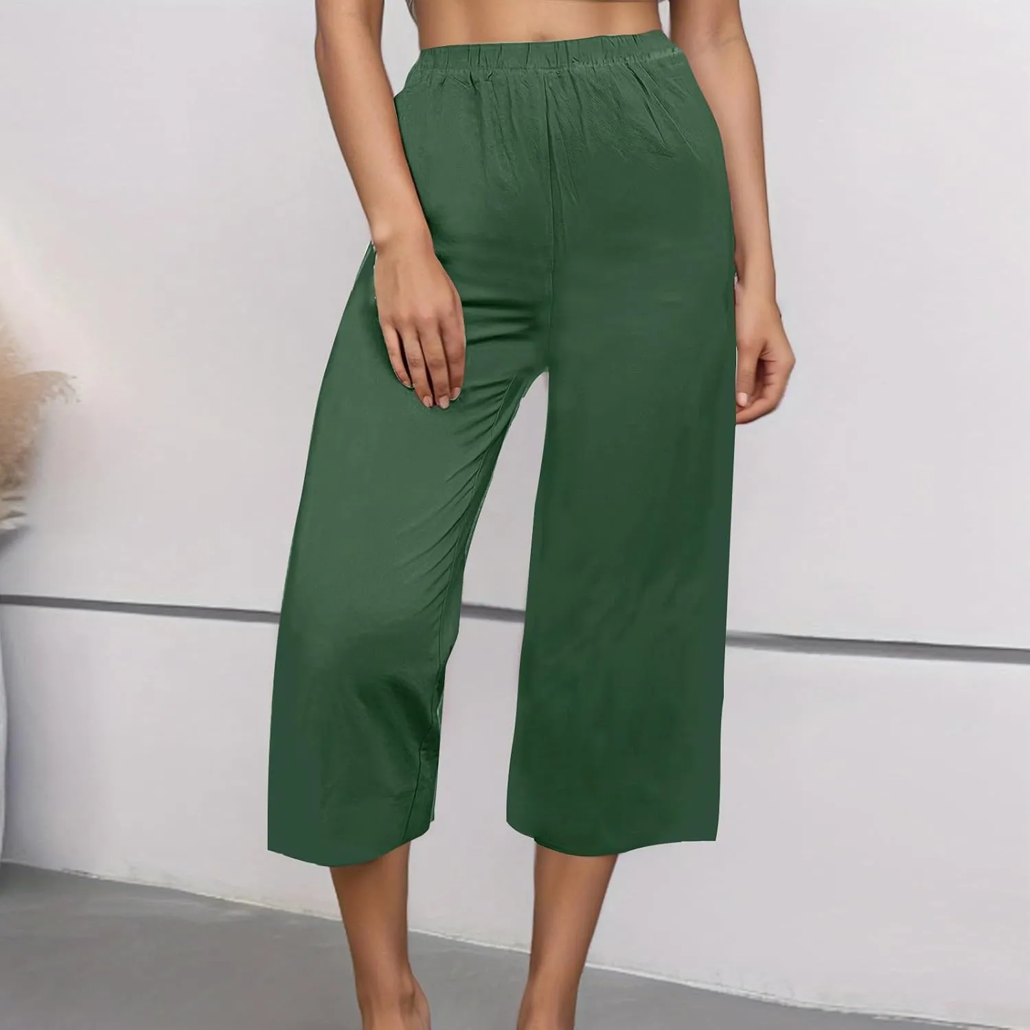Capri Linen Pants Women Casual Wide Leg Summer Palazzo Pant Elastic High Waisted Flowy Beach Trouser with Pocket 2025