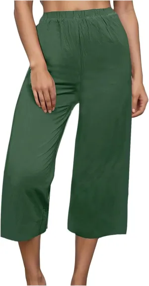 Capri Linen Pants Women Casual Wide Leg Summer Palazzo Pant Elastic High Waisted Flowy Beach Trouser with Pocket 2025