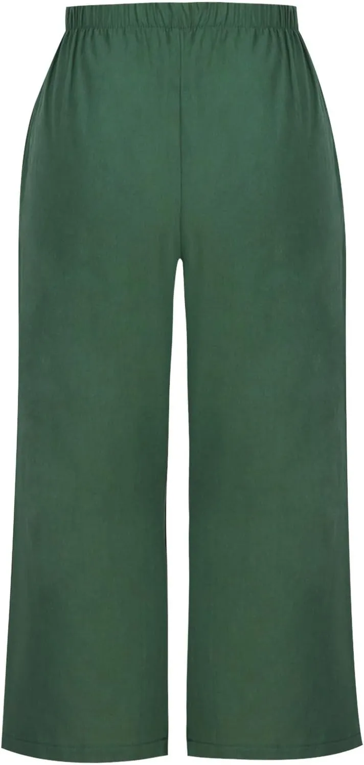 Capri Linen Pants Women Casual Wide Leg Summer Palazzo Pant Elastic High Waisted Flowy Beach Trouser with Pocket 2025