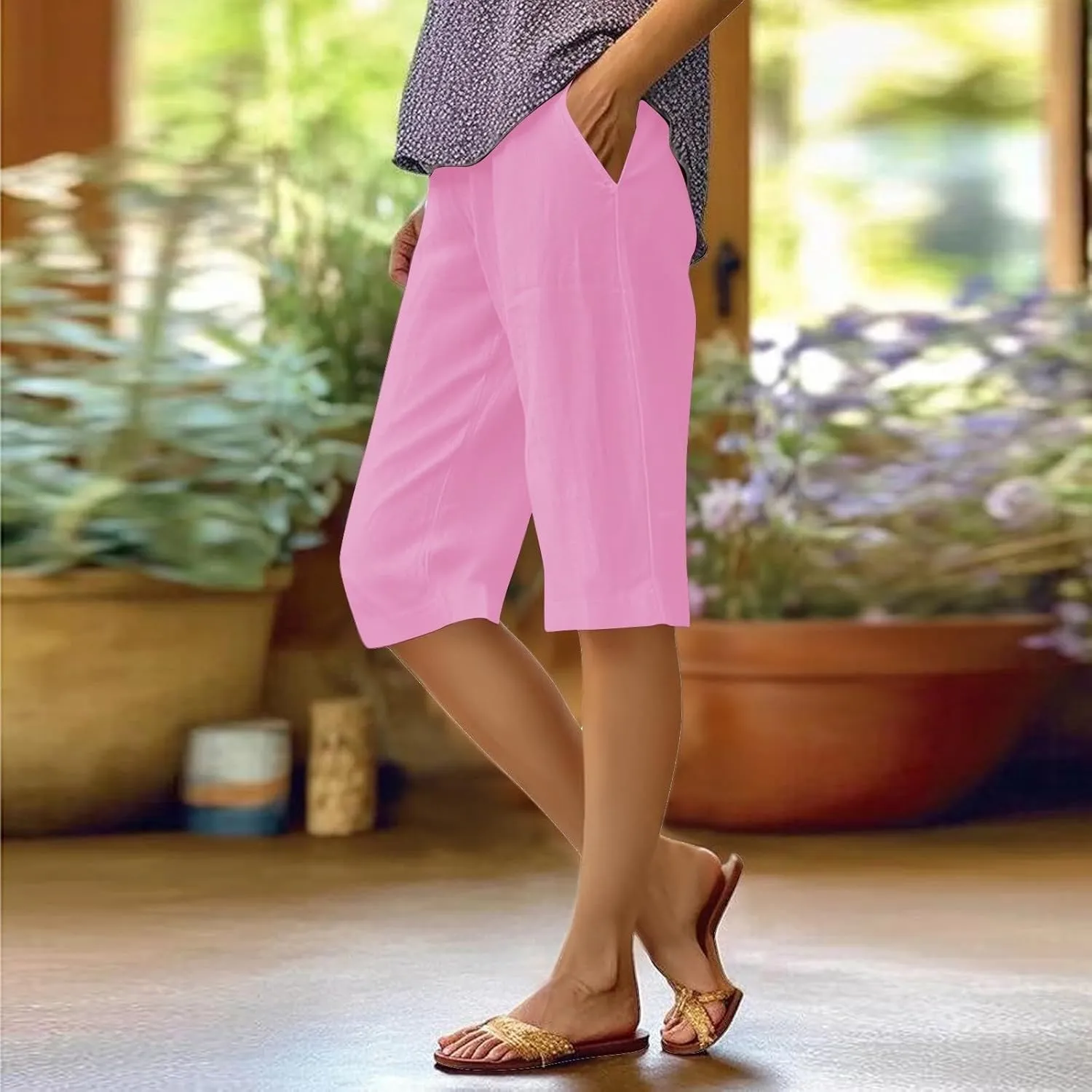 Capri Pants for Women 2025 Linen Elastic Waist Knee Length Capris Summer Straight Leg Loose Beach Shorts with Pocket