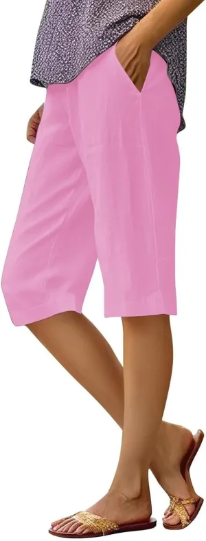 Capri Pants for Women 2025 Linen Elastic Waist Knee Length Capris Summer Straight Leg Loose Beach Shorts with Pocket