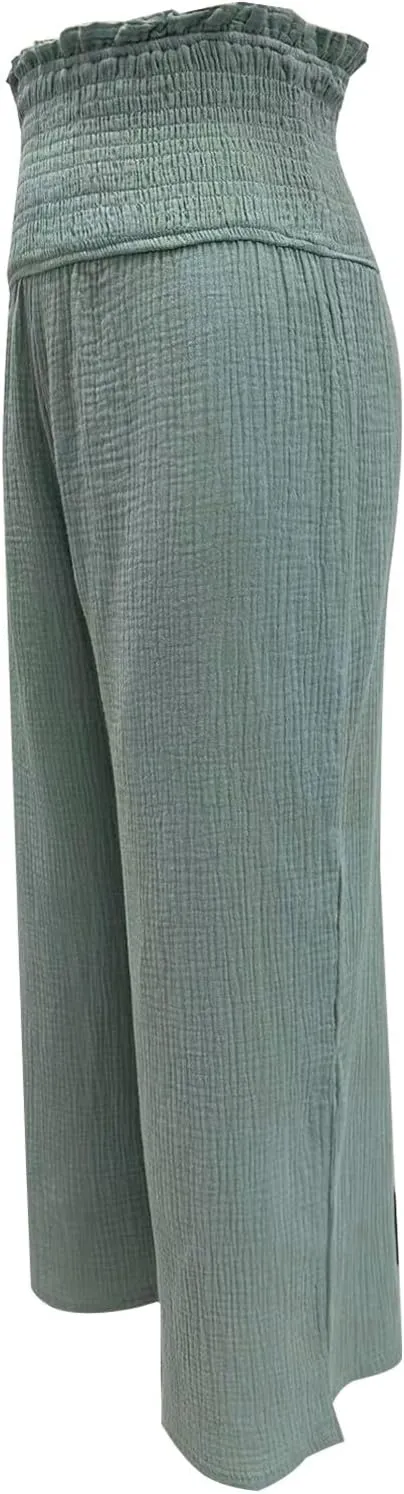 Capri Pants for Women 2025 Summer Casual High Waisted Flowy Wide Leg Pant Loose Fit Smocked Cropped Lounge Trousers