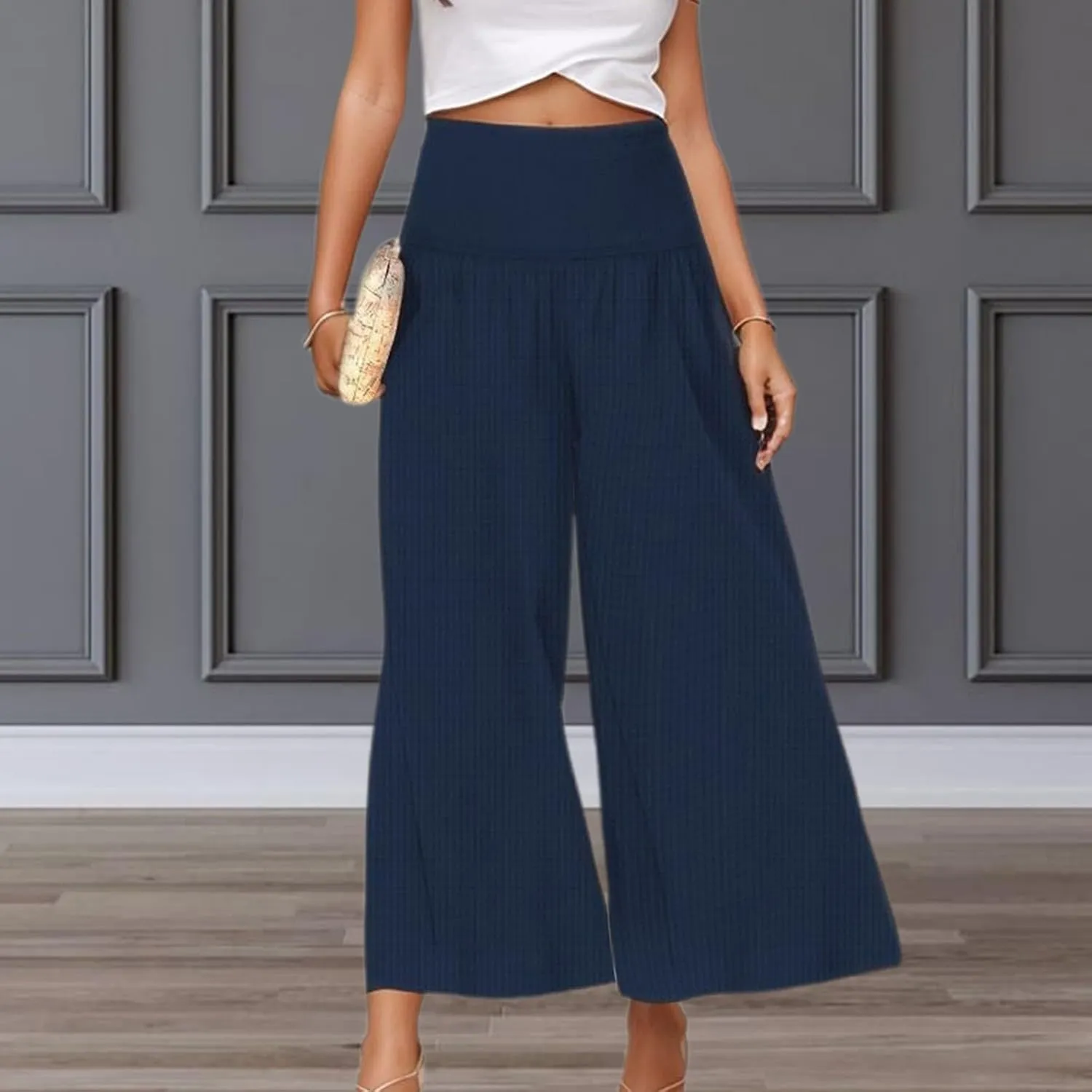 Capri Pants for Women 2025 Summer Casual High Waisted Flowy Wide Leg Pant Loose Fit Smocked Cropped Lounge Trousers