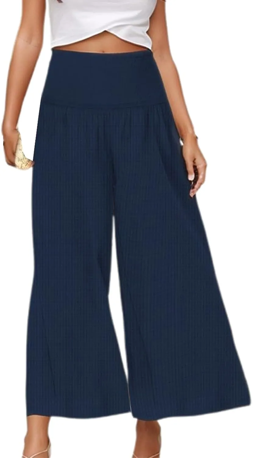 Capri Pants for Women 2025 Summer Casual High Waisted Flowy Wide Leg Pant Loose Fit Smocked Cropped Lounge Trousers