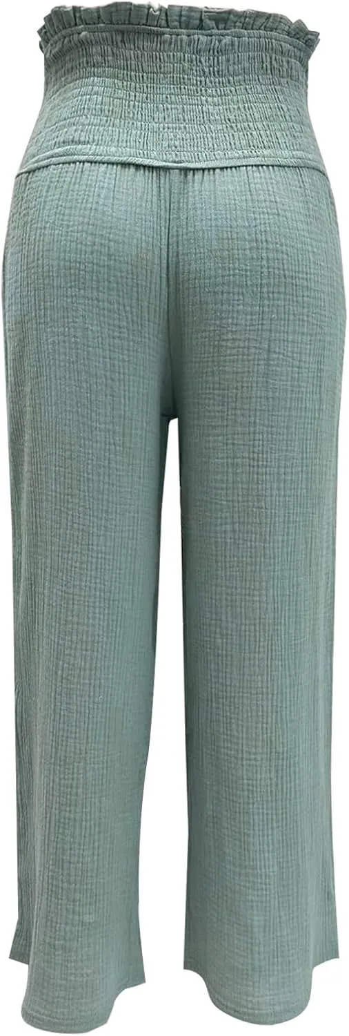 Capri Pants for Women 2025 Summer Casual High Waisted Flowy Wide Leg Pant Loose Fit Smocked Cropped Lounge Trousers