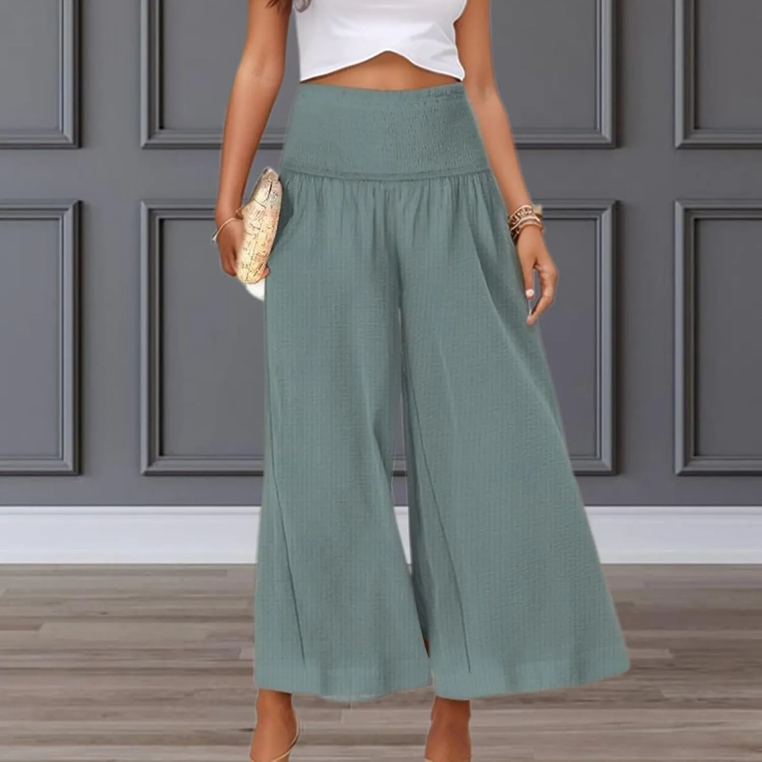 Capri Pants for Women 2025 Summer Casual High Waisted Flowy Wide Leg Pant Loose Fit Smocked Cropped Lounge Trousers