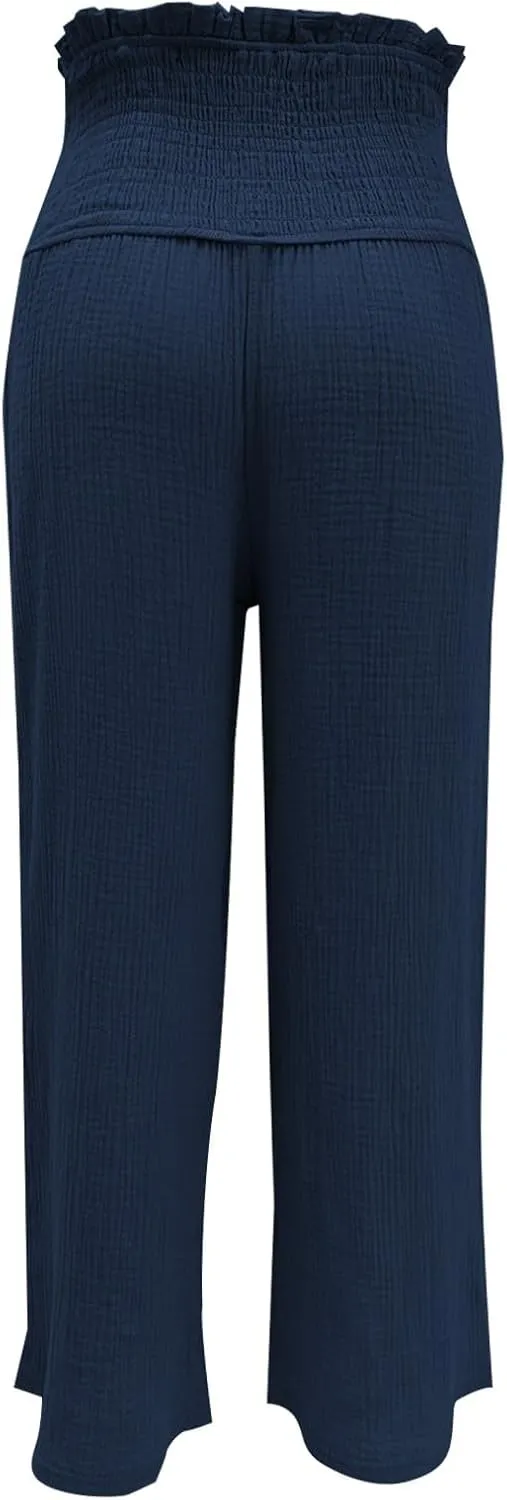 Capri Pants for Women 2025 Summer Casual High Waisted Flowy Wide Leg Pant Loose Fit Smocked Cropped Lounge Trousers