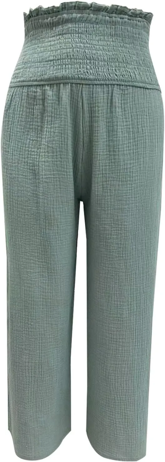 Capri Pants for Women 2025 Summer Casual High Waisted Flowy Wide Leg Pant Loose Fit Smocked Cropped Lounge Trousers