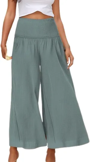 Capri Pants for Women 2025 Summer Casual High Waisted Flowy Wide Leg Pant Loose Fit Smocked Cropped Lounge Trousers