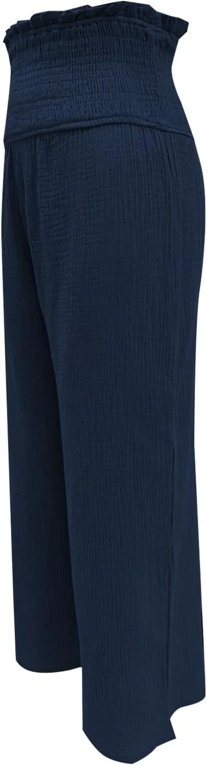 Capri Pants for Women 2025 Summer Casual High Waisted Flowy Wide Leg Pant Loose Fit Smocked Cropped Lounge Trousers