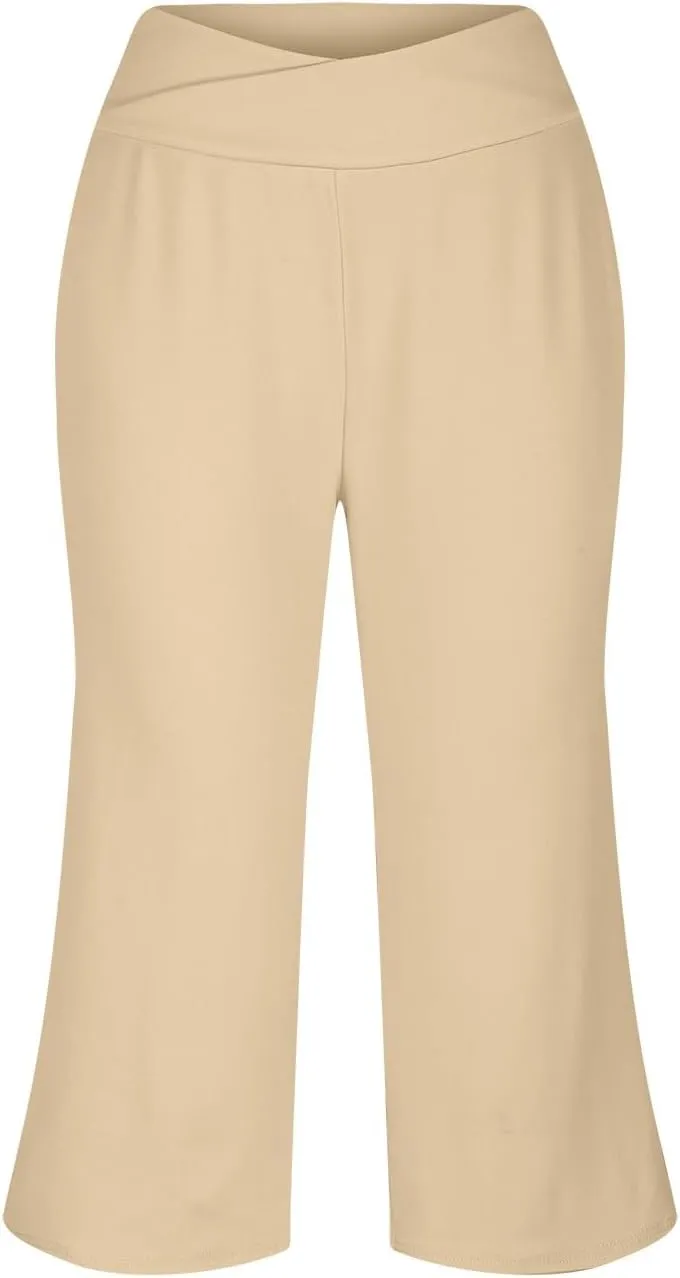 Capri Pants for Women 2025 Summer Wide Leg Yoga Pants Tummy Control High Waist Dressy Casual Crop Pant with Pockets