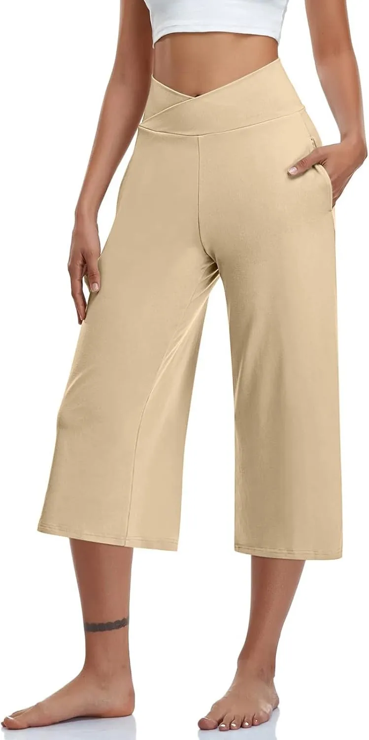 Capri Pants for Women 2025 Summer Wide Leg Yoga Pants Tummy Control High Waist Dressy Casual Crop Pant with Pockets