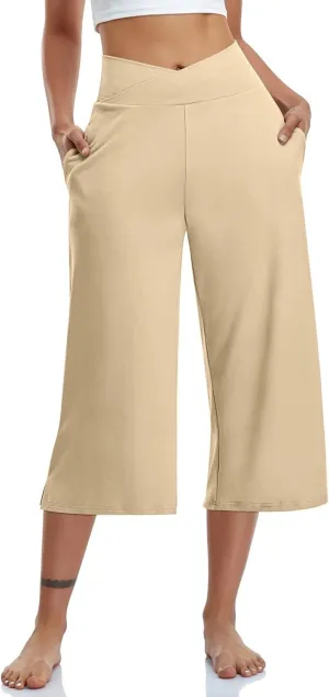 Capri Pants for Women 2025 Summer Wide Leg Yoga Pants Tummy Control High Waist Dressy Casual Crop Pant with Pockets